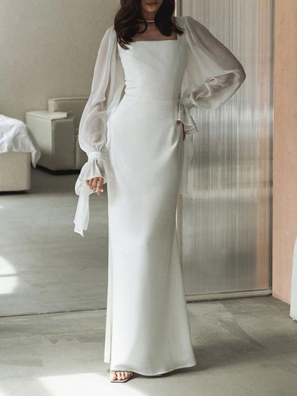 Flared Sleeves Skinny Gauze Pleated See-through Color Split-joint Square-neck Maxi Dresses
