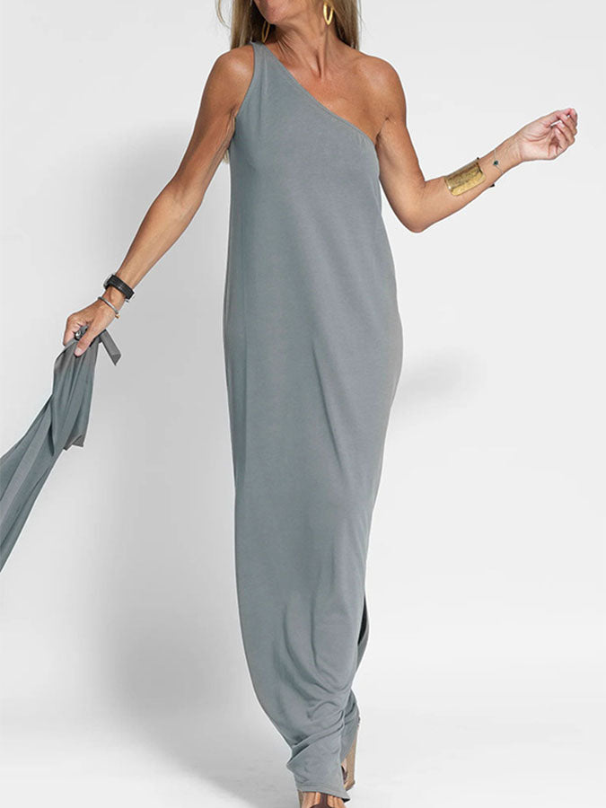 One-shoulder Slit Color Vest Maxi Dress