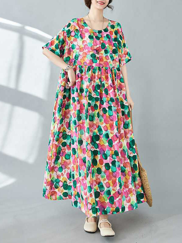 Half Sleeves Loose Pleated Polka-dot Printed Split-joint Round-neck Midi Dresses
