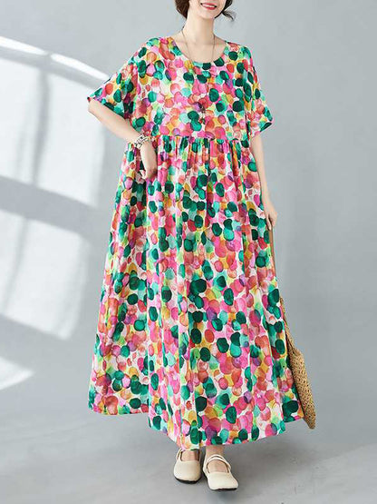 Half Sleeves Loose Pleated Polka-dot Printed Split-joint Round-neck Midi Dresses