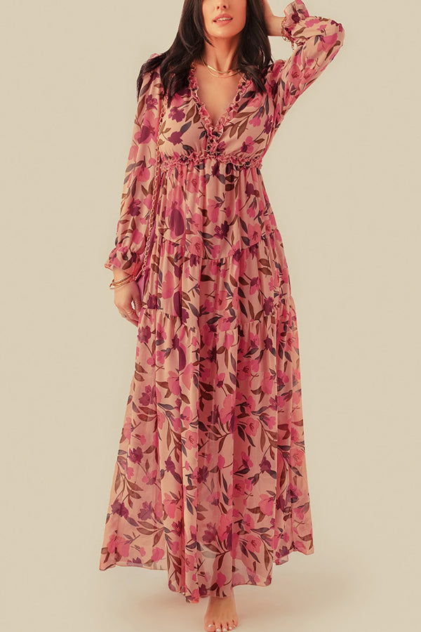 Pastel Red Print Ruffle Trim Plunge Neckline Maxi Dress