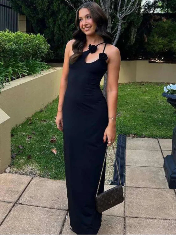 Sleeveless Irregular Bodycon Evening Dress Fall New Flower Ornament Shoulder Vestido Long Dress
