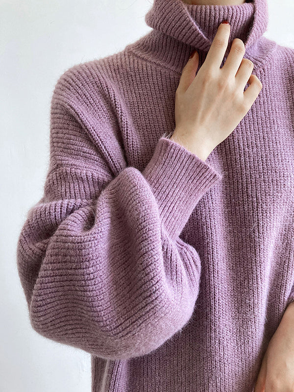 Urban Loose Purple High-neck Long Puff Sleeve Sweater Dress An1052