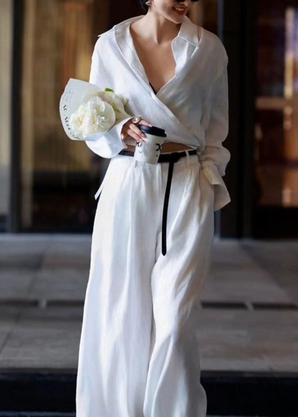 Natural White Peter Pan Collar High Waist Linen Shirts and Pants Two Pieces Set Long Sleeve An1032
