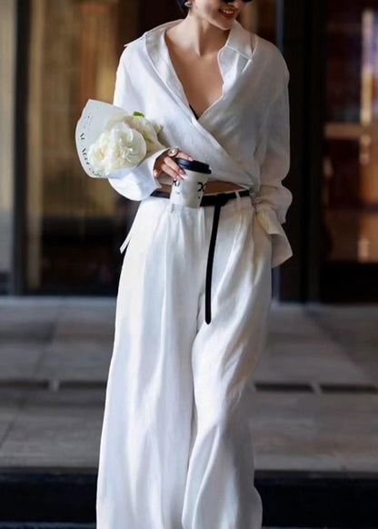 Natural White Peter Pan Collar High Waist Linen Shirts and Pants Two Pieces Set Long Sleeve An1032