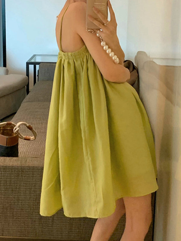 Loose Sleeveless Pleated Color Spaghetti-neck Mini Dresses Slip Dress