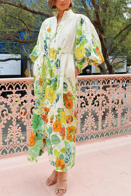 Summer Party Print Balloon Sleeve Pocketed Belt Shirt Midi Dress