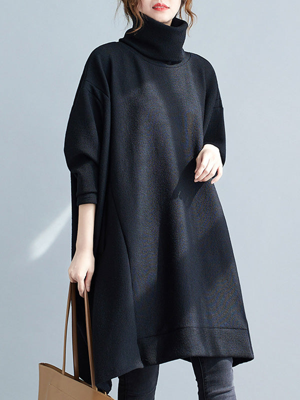 Loose Black Heaps Collar Pockets A-line Long Sleeve Sweater An1065
