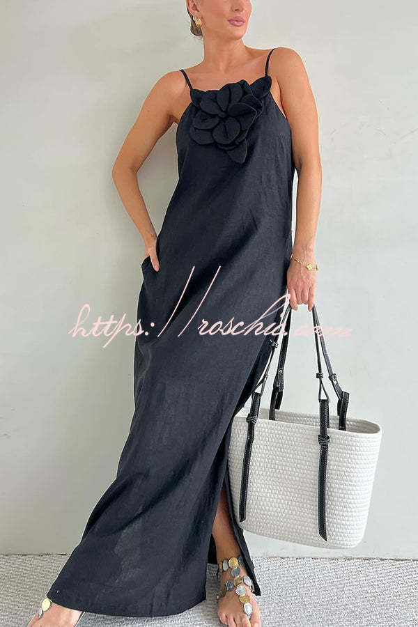 Vacay Ready Linen Blend Embellishment Pocketed Slit Maxi Dress