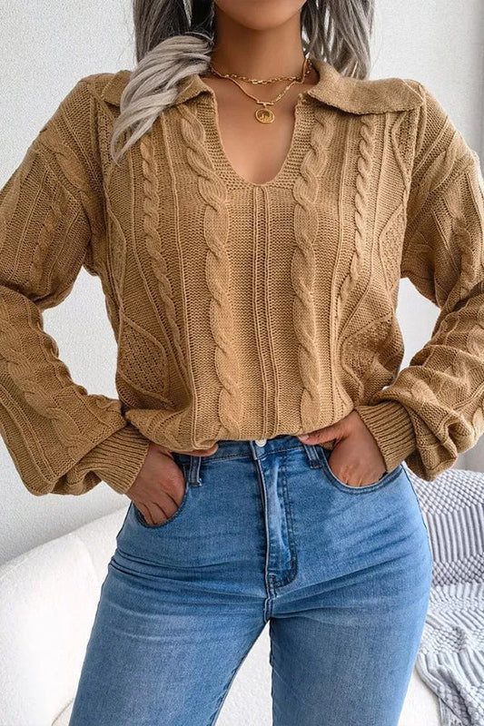 Lapel Twist Long Sleeve Knit Sweater