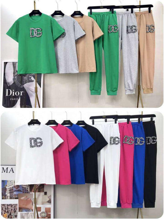 Print D G Diamond Studded T-shirt & Pants Coord Set