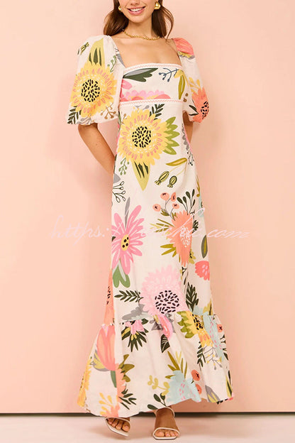 Looking for Sunshine Print Square Neck Bubble Sleeve Maxi Dress