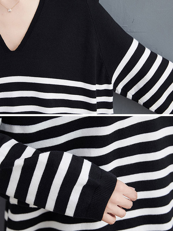 Loose Black V-neck Contrast Color Striped Long Sleeve Knit Sweater An1035
