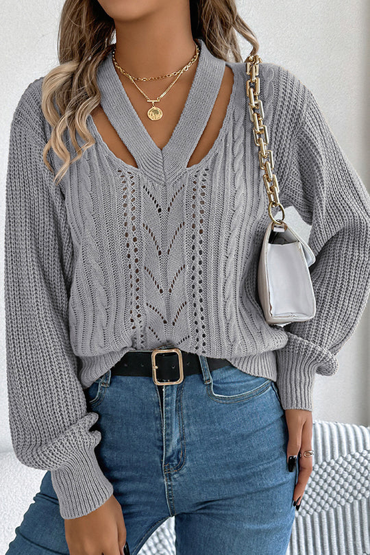 Hollow V-neck Long-sleeved Knitted Sweater