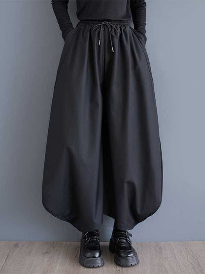 Black Drawstring Elasticity High Waisted Pockets Culotte Pants Tw025