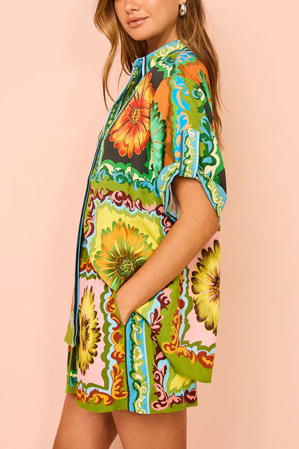Disco Daisy Unique Print Colorblock Elastic Waist Pocketed Wide Leg Shorts