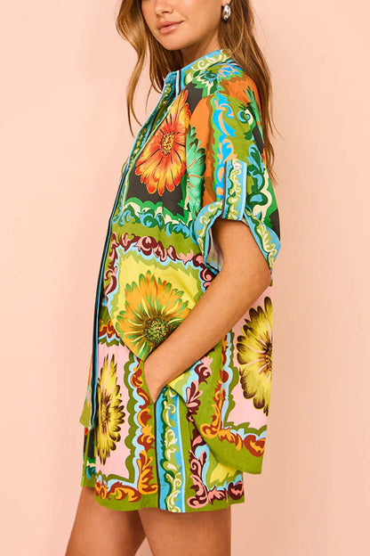 Disco Daisy Unique Print Colorblock Elastic Waist Pocketed Wide Leg Shorts