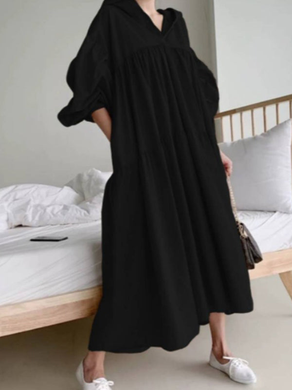 Urban Color Pleated Long Sleeves Hooded Midi Dress