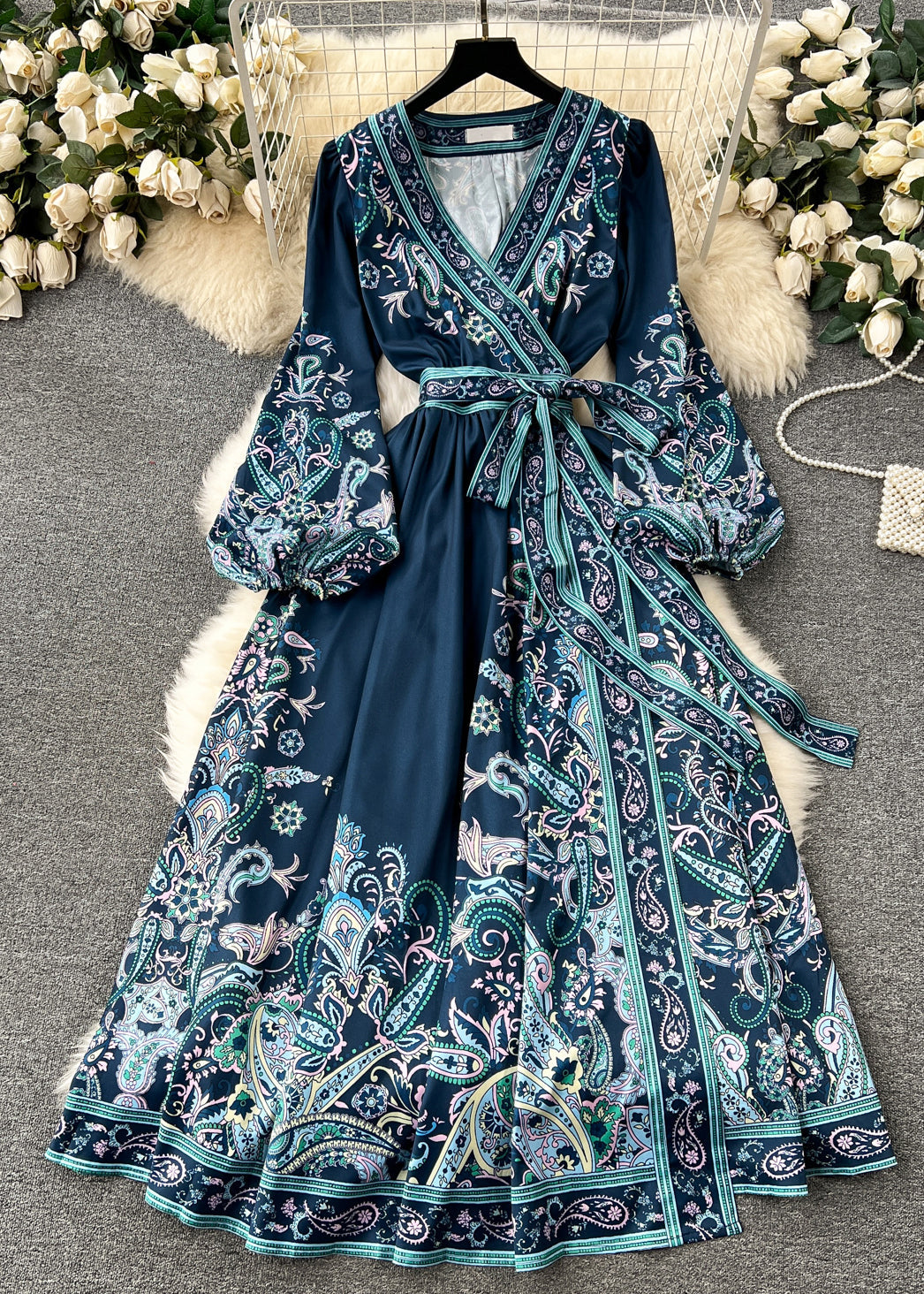 Retro Blackish Green Print Tie Waist Cotton Long Dress Fall