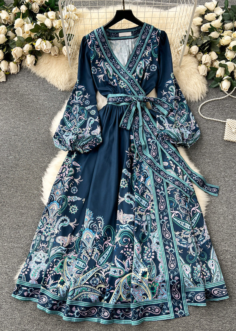 Retro Blackish Green Print Tie Waist Cotton Long Dress Fall