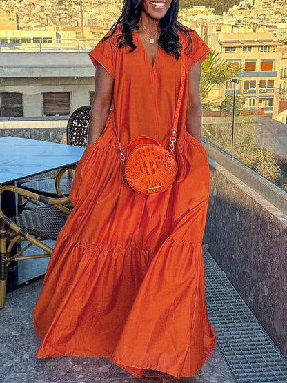Loose Short Sleeves Pleated Pockets Color Split-joint V-neck Maxi Dresses