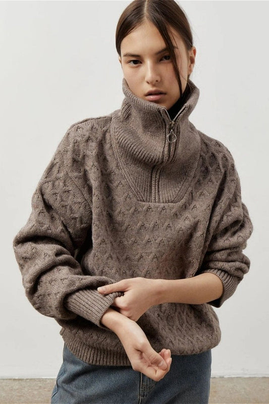 Chunky Knit High Neck Zip Up Sweater