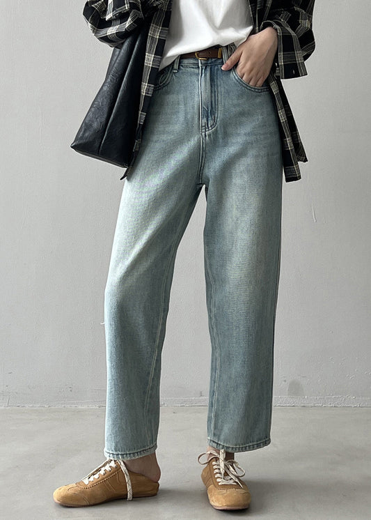 Simple Light Blue High Waist Pockets Denim Straight Pants Fall Wd017