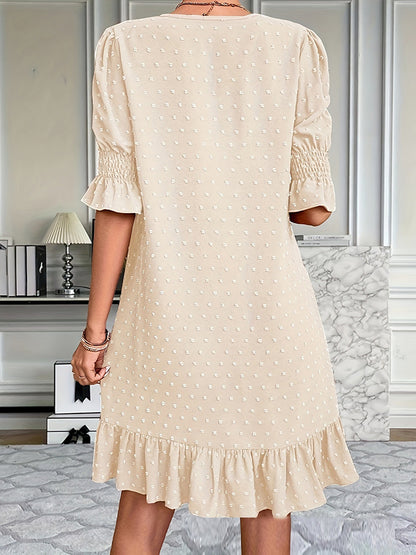 A-line Flared Sleeves Elasticity Jacquard Pleated Color Split-joint V-neck Mini Dresses