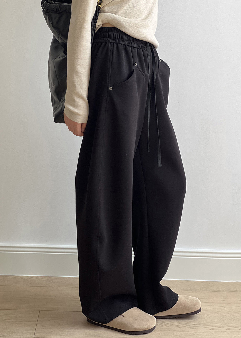 Black Pockets Cotton Pants Drawstring Elastic Waist Fall Af1071