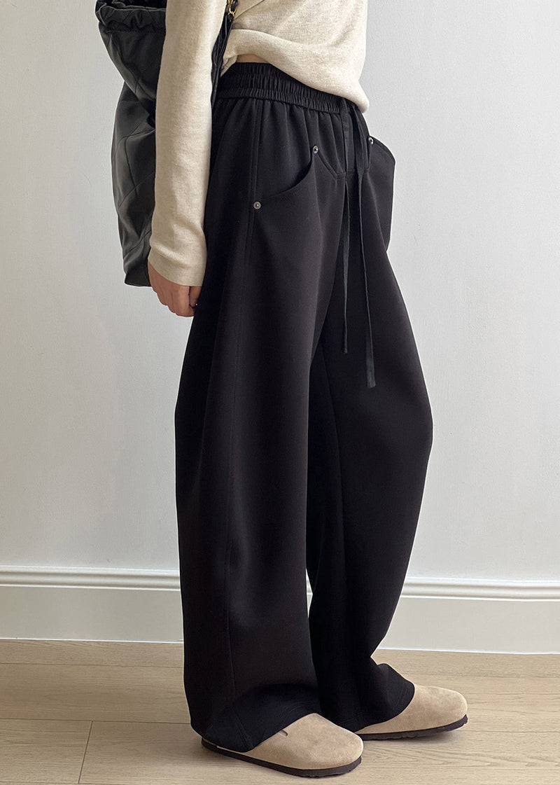 Black Pockets Cotton Pants Drawstring Elastic Waist Fall Af1071
