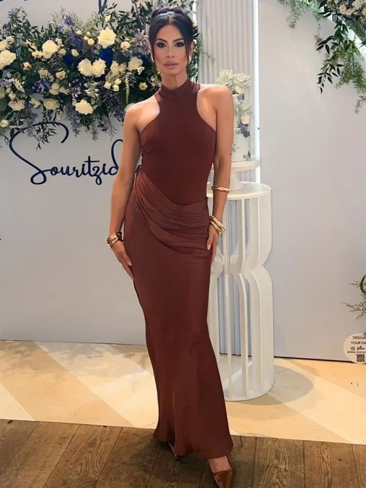 Sleeveless Satin Patchwork Hollow Out Long Dress Elastic Tight Female Party Club Evening Vestidos