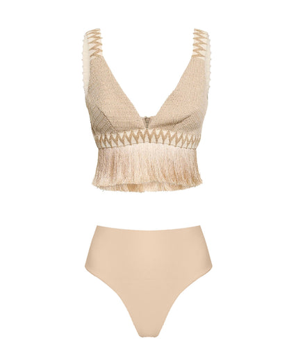 V-neck Fringe Beach Fringed Color Bikini Swimsuit and Skirt