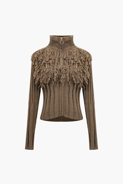 Sweater Fringe Zipper Long-sleeve Top