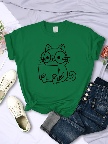 Careful Study of Work Cat Sketches T-shirt Personality Trend Tee Clothing Street Creative Tops Female Short Sleeve