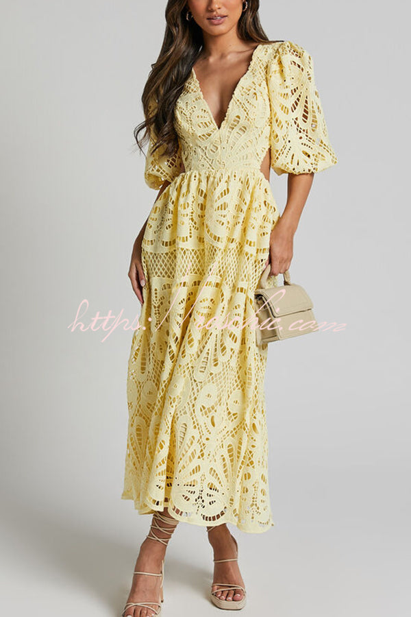 Color V Neck Hollow Lace Waistless Maxi Dress