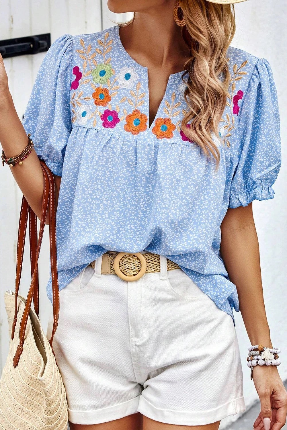 Sky Blue Embroidered Notched V Neck Puff Sleeve Blouse