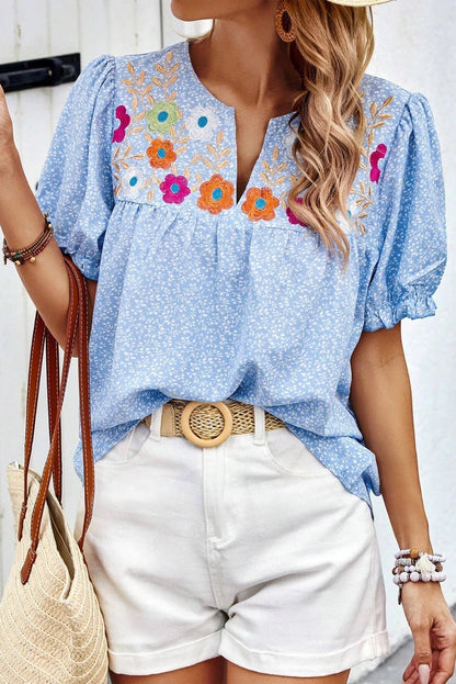 Sky Blue Embroidered Notched V Neck Puff Sleeve Blouse