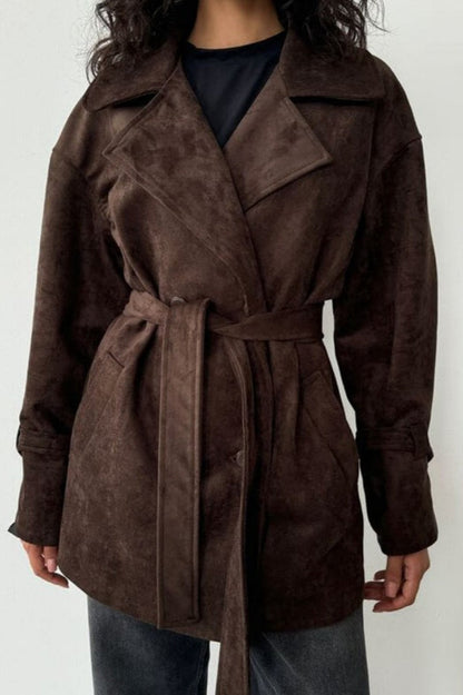 Suede Lapel Tie Waist Jacket Coat