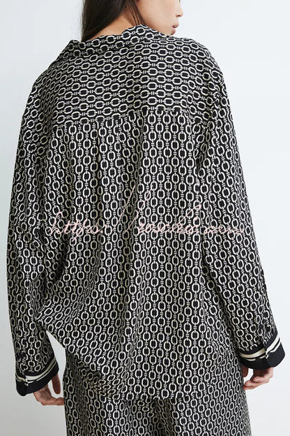 Unique Print Lapel Long Sleeve Loose Shirt and Elastic Waist Pocket Wide Leg Pants Set