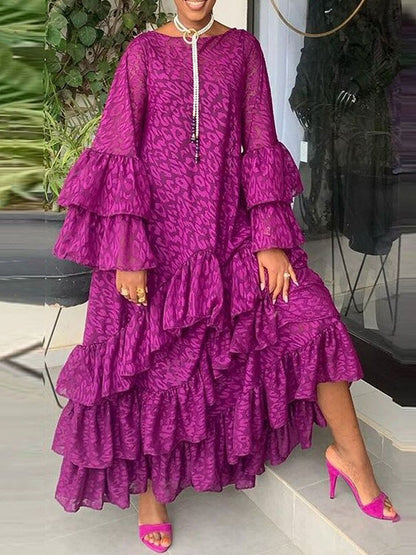 Flared Sleeves Loose Falbala Color Round-neck Maxi Dresses