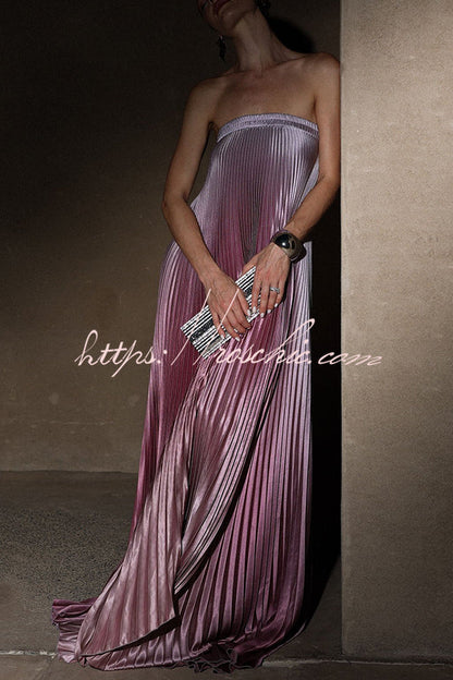 Styling Satin Pleated Elastic Bust Strapless A-line Gown Maxi Dress
