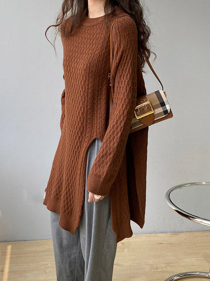 Retro Oatmeal Round-neck Split-side Long Sleeve Twist Knit Sweater An1045