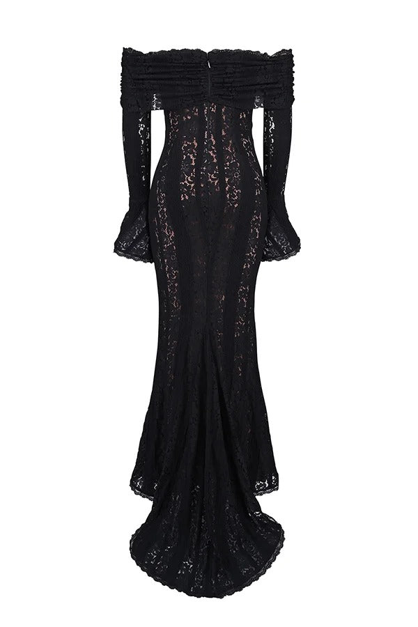 Lace Off Shoulder Flare Sleeve Fishtail Maxi Dresses-white