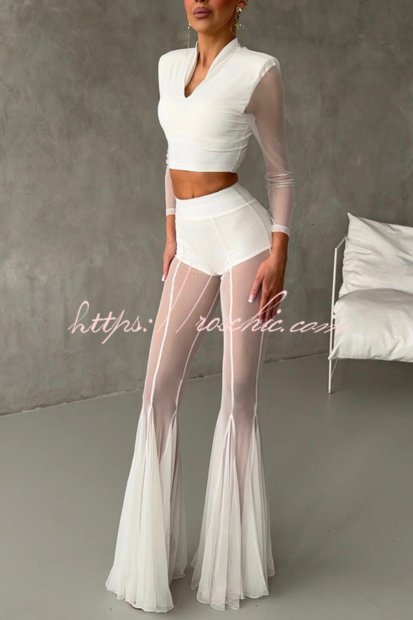Deep Mesh High Rise Elastic Waist Fishtail Stretch Pants