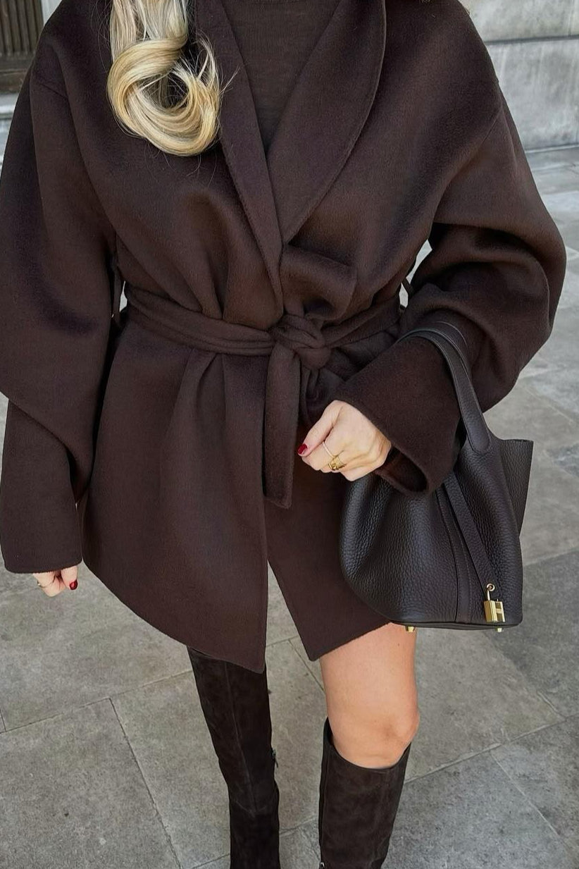 Dark Brown Short Loose Tie Waist Wool Coat