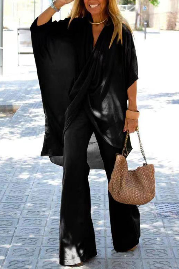 V Neck Trumpet Sleeve Top and Pants Two Piece Set