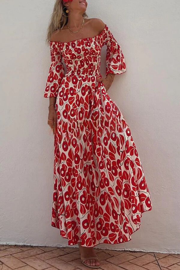 Close to the Vacation Print Smocked Off Shoulder Pocketed Maxi Dress