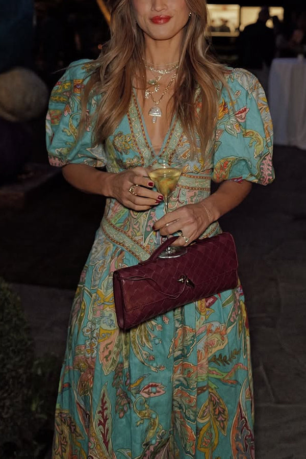Vacation Linen Blend Unique Print Button Puff Sleeve Pocket Maxi Dress