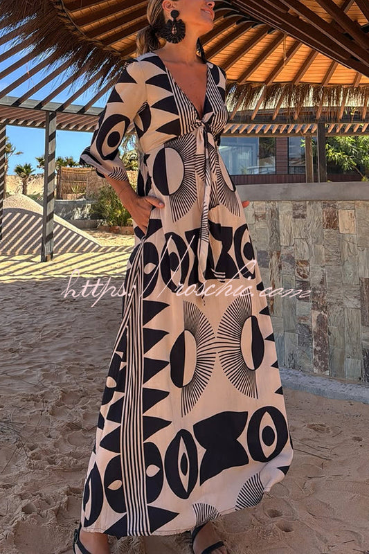 Unique Print V-neck Tie Loose Pocket Maxi Dress