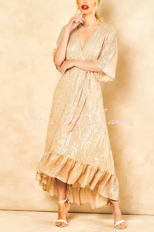 Color Sequined V-neck Waist Tie Loose Maxi Dress